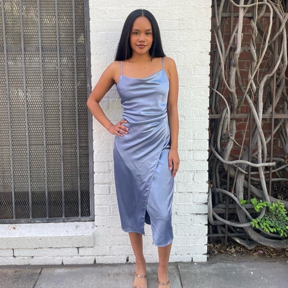 Zara Dresses & Skirts - NWT Blue satin midi dress with cowl neckline and asymmetrical hem SZ s
